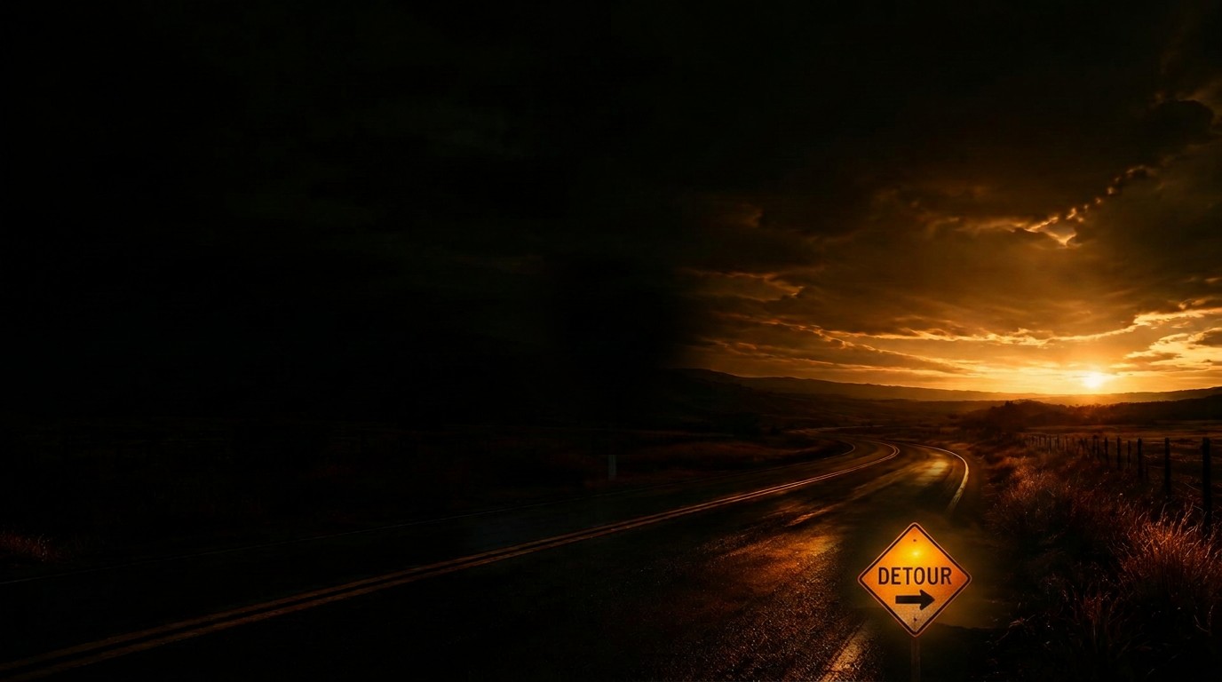 Winding road with a detour sign at sunset